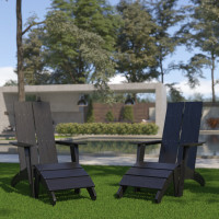 Flash Furniture 2-JJ-C14509-14309-BK-GG Set of 2 Sawyer Modern All-Weather Poly Resin Wood Adirondack Chairs with Foot Rests in Black